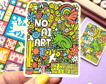 No AI Art Vinyl Sticker. Anti AI Slop Red and Green