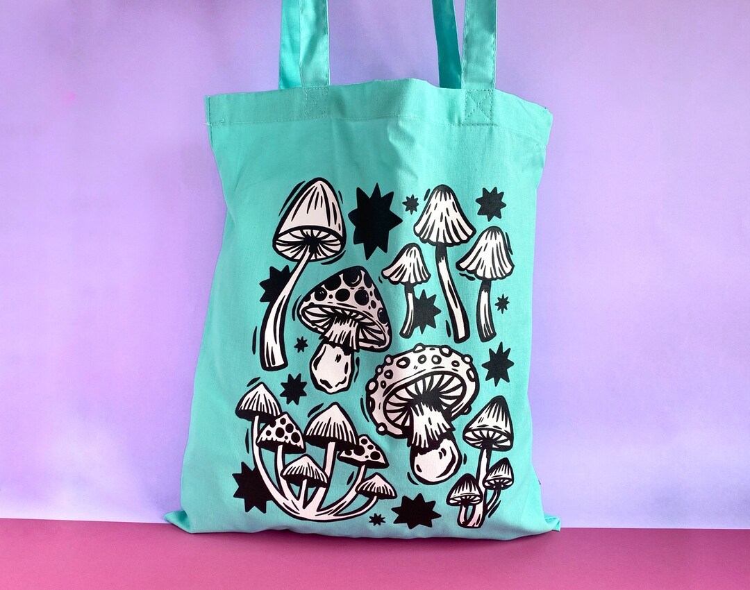 Mint Green Mushroom Tote Bag. Fungi Tote Bag. Mushroom Bag. Screen Printed Tote Bag. Mushroom