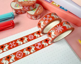 Red Medieval Rabbits Paper Washi Tape. Crafting, Journaling Tape.