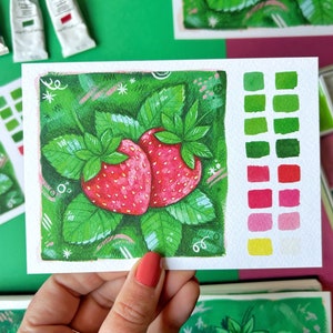 Carte postale aux fraises. Peinture de fraises. Imprimé fraise. Illustration de fraise. Carte aux fraises. Peinture à la gouache. Carte postale de fruits.
