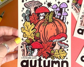 Love Autumn Postcard or Mini Print. Pumpkin Postcard, Mushroom, Halloween.