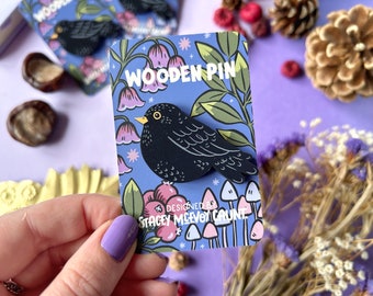 SECONDS Blackbird Wooden Pin. Bird Wood Pin. Blackbird Brooch. Bird Pin. Eco Pin. Autumn Pin. Bird Jewellery. Bird Lover. Bird Badge