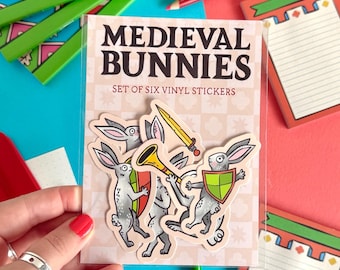 Medieval Bunnies Set of Six Vinyl Stickers. Duelling Rabbits Marginalia.