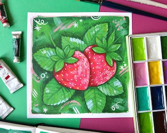 Strawberry Print. Strawberries Painting. Mixed Media Print. Fruit Print. Strawberry Art. Strawberry Illustration. Strawberries Poster. Fruit