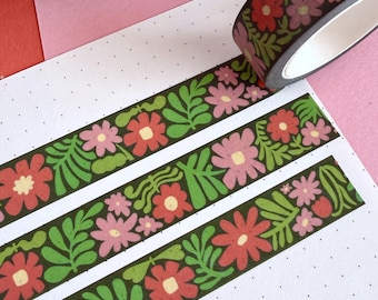 Pink and Red Flower and Leaf Washi Tape. Journaling, Planner, Stationery.