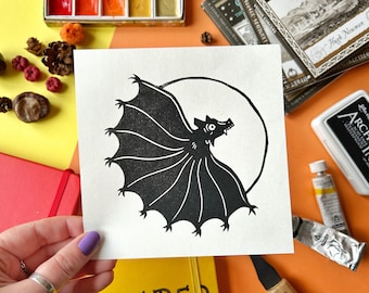 Medieval Bat Lino Cut Print. Medieval Illumination Print. Medieval Print. Bat Print. Halloween Print. Halloween Linocut. Bat Lino Print. Bat