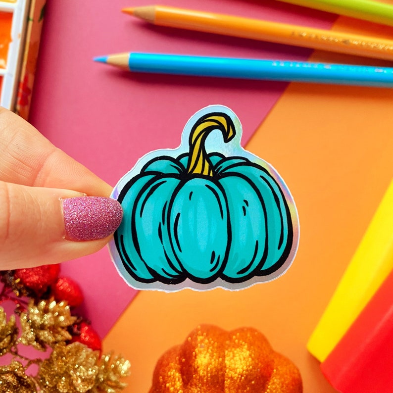 Blue Pumpkin Holographic Vinyl Sticker. Pumpkin Sticker. Halloween Sticker. Autumn Sticker. Fall Sticker. Cute Sticker. Waterproof Sticker image 1