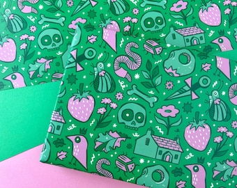 Nature Pattern Gift Wrap. Pink and Green Gift Wrap. Forest Things Wrapping Paper. Skull Gift Wrap. Bird Gift Wrap. Worm Gift Wrap. Bug Wrap