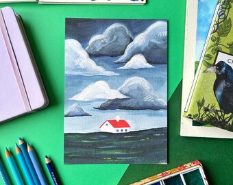 Red Roofed Cottage Print. Cottage Landscape Print. Landscape Painting Print. Clouds Print. Peak District Print. Lake District Print. House