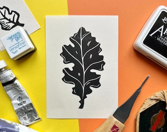 Oak Leaf Lino Cut Print. Original Lino Print. Leaf Lino Print. Oak Print. Autumn Lino Print. Oak Leaf Stamp. Mini Lino Print. Block Print.