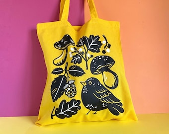 Yellow Blackbird Tote Bag. Screen Printed Tote Bag. Mushroom Tote Bag. Autumn Tote Bag. Bird Tote Bag. Leaves Tote. Autumn Tote Bag. Fall