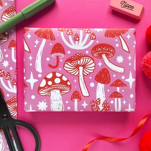 Pink and Red Mushroom Wrapping Paper. Mushroom Gift Wrap. Fungi Wrapping Paper. Christmas Wrapping Paper. Nature Gift Wrap. Toadstool Wrap