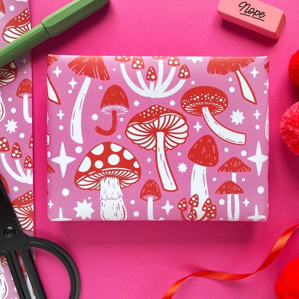 Pink and Red Mushroom Wrapping Paper. Mushroom Gift Wrap. Fungi Wrapping Paper. Christmas Wrapping Paper. Nature Gift Wrap. Toadstool Wrap