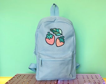 Strawberry Backpack in Pastel Blue. Pastel Backpack. Strawberry Bag. Cute Backpack. Strawberries Backpack. Embroidered Backpack. Fruit Bag