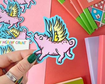 Flying Pig Vinyl Waterproof Sticker. Pig Stickers and Stationery.
