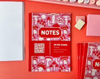 Pink and Red Mushroom A5 Notebook. Mushroom Stationery.