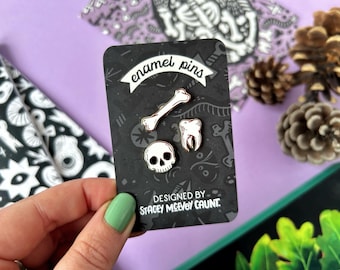 Skull and Bones Enamel Pin Set. Spooky Halloween Enamel Pins.