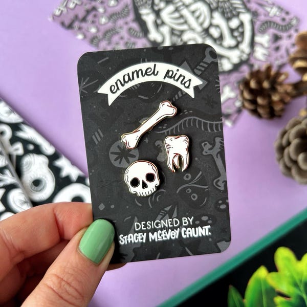 Skull and Bones Enamel Pin Set. Spooky Halloween Enamel Pins.