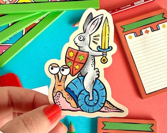 Medieval Rabbit Riding a Snail Vinyl Sticker. Duelling Rabbits Marginalia.
