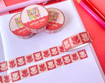 Red Tulip Washi Tape. Tulip Pattern Washi Tape. Flower Washi Tape. Tulip Sticker. Tulip Stationery. Floral Washi. Tulip Journal Grid Washi