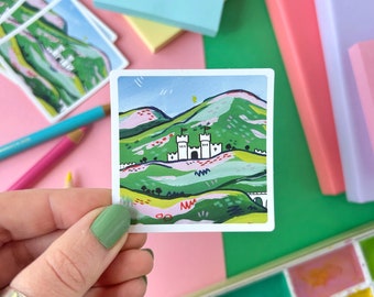 Castle Sticker. Medieval Castle Vinyl Sticker. Castle Landscape Sticker. Cute Landscape. Landscape Painting Art. Waterproof Sticker. Pink