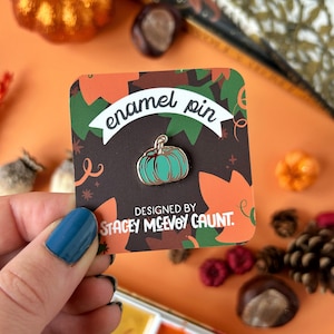 Mini Pumpkin Enamel Pin in Teal. Halloween Enamel Pins.