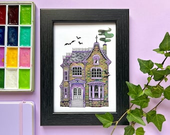 Haunted House Watercolour Painting. Haunted House Illustration. Spooky House. Haunted House Art Print. Halloween Art Print. Watercolour Art