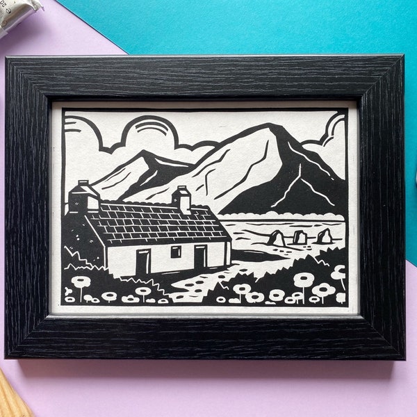 Cottage Lino Print. Landscape Original Linocut Print. Cottage Block Print. Scotland Lino Print. Nature Lino Print. Bothy Lino Print. Nature