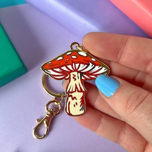 Red Toadstool Enamel Key Ring. Mushroom Keychain.