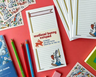 Duelling Bunny Notepad: Medieval Rabbits List Pad Stationery.