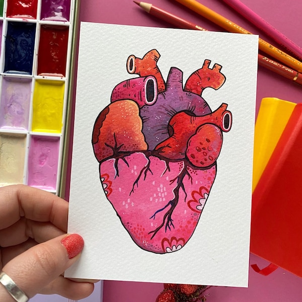 Human Heart Postcard. Gouache Painting Postcard. Anatomical Heart Illustration. Human Heart Art. Valentines Postcard. Halloween Print