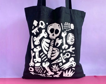 Skeleton Tote Bag. Skeleton Bag. Skull Tote Bag. Halloween Tote Bag. Goth Tote Bag. Archeology Bag. Archeologist Gifts. Bones. Folk Horror