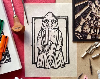 Lewis Chessmen Berserker Lino Print. Original Lino Cut Print. Scottish Lino Print. Chess Lino Print. History Lino Print. Medieval Lino. Rook