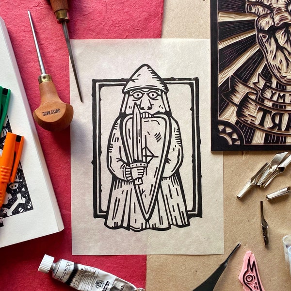 Lewis Chessmen Berserker Lino Print. Original Lino Cut Print. Scottish Lino Print. Chess Lino Print. History Lino Print. Medieval Lino. Rook