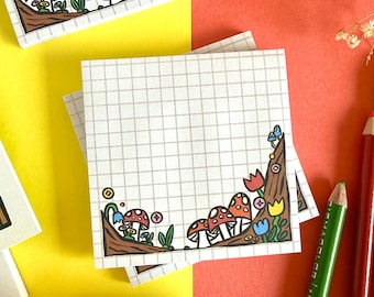 Mushroom Woodland Sticky Notes. Mushroom Tree Forest Stationery.