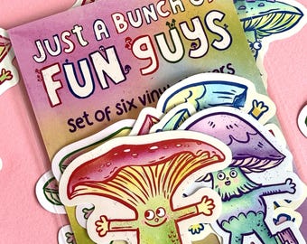 Fun Guy Mushrooms Set of Six Vinyl Stickers. Fungi Stickers, Mushroom Stationery.