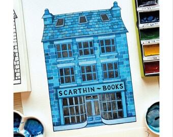 Scarthins Bookshop Watercolour Art Print. Building Illustration. Derbyshire Art Print. Bookshop. Matlock Watercolour. Peak District Art