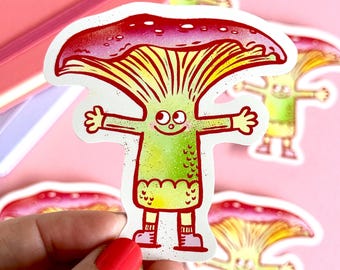 Red Mushroom Fun Guy Vinyl Sticker.