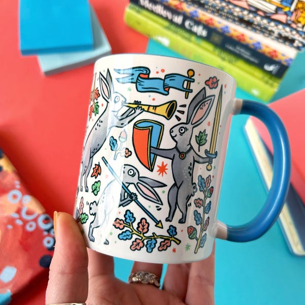 Duelling Bunnies Mug: Medieval Art Ceramic Mug