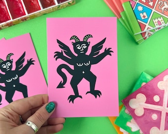Pink Devil Postcard: The History of Witches Woodcut