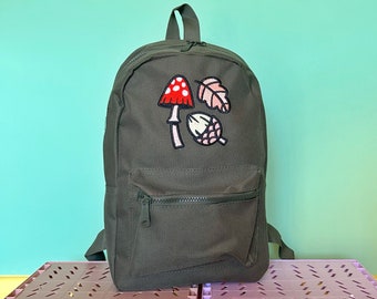 Autumn Mushroom Backpack in Olive Green. Acorn Backpack. Autumn Bag. Fall Backpack. Toadstool Backpack. Embroidered Backpack. Oak Leaf Bag