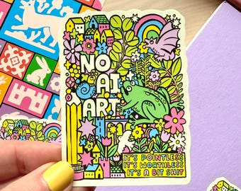 No AI Art Vinyl Sticker. Anti AI Slop Pink and Green