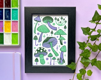 Mushroom Print. Mint and Lilac Mushroom Painting. Mushroom Gouache Painting. Forager Print. Autumn Print. Fungi Print. Mushroom Home Decor.