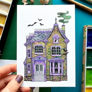 Haunted House Postcard. Haunted House Mini Print. Halloween Postcard. Watercolour Art Print. Ghost Postcard. Spooky Art Mini Print Postcard.