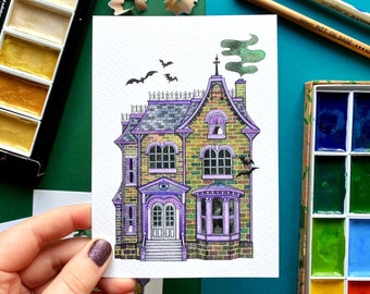 Haunted House Postcard. Haunted House Mini Print. Halloween Postcard. Watercolour Art Print. Ghost Postcard. Spooky Art Mini Print Postcard.