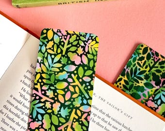 Woodland in Spring Pattern Bookmark: Mushrooms and leaves, Green and Pink