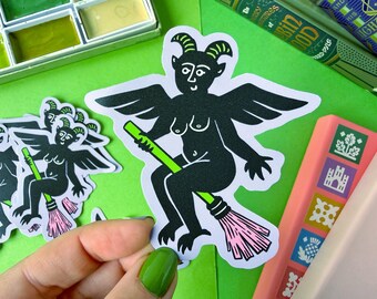 Purple Devil Sticker. Witch on a Broom Halloween Stickers and Stationery.