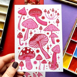 Pink and Red Mushroom Postcard. Gouache Art Postcard. Mushroom Mini Print. Mushroom Pattern. Toadstool Print. Fungi Print. Postcard Art