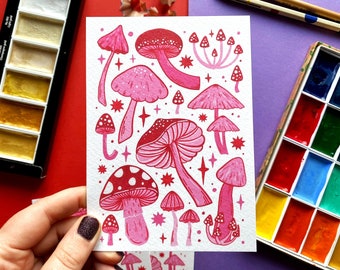 Pink and Red Mushroom Postcard. Gouache Art Postcard. Mushroom Mini Print. Mushroom Pattern. Toadstool Print. Fungi Print. Postcard Art