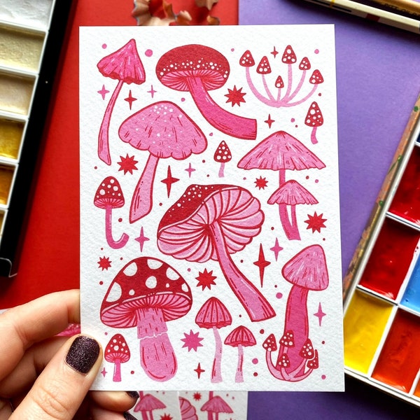 Pink and Red Mushroom Postcard. Gouache Art Postcard. Mushroom Mini Print. Mushroom Pattern. Toadstool Print. Fungi Print. Postcard Art